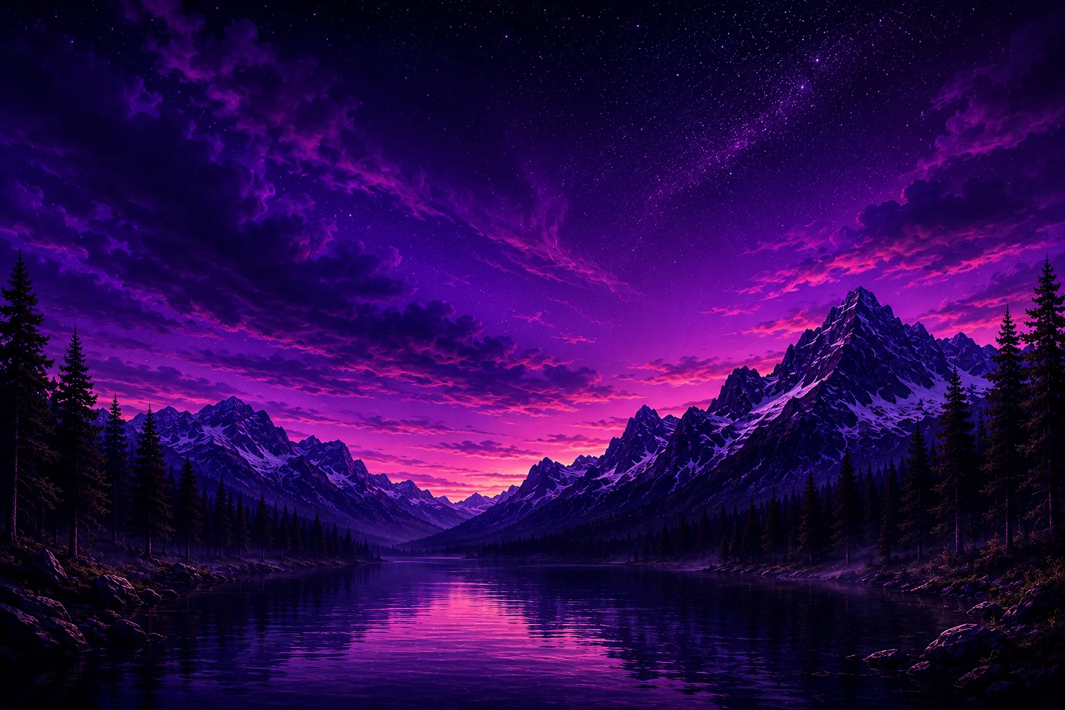 Purple night lake and mountain delivery scene